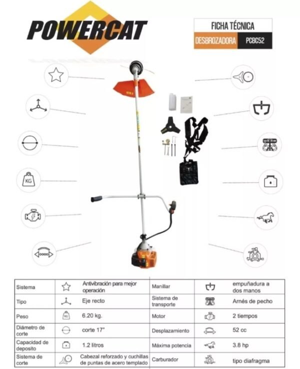 Desbrozadora PowerCat 52cc vastago 2 piezas